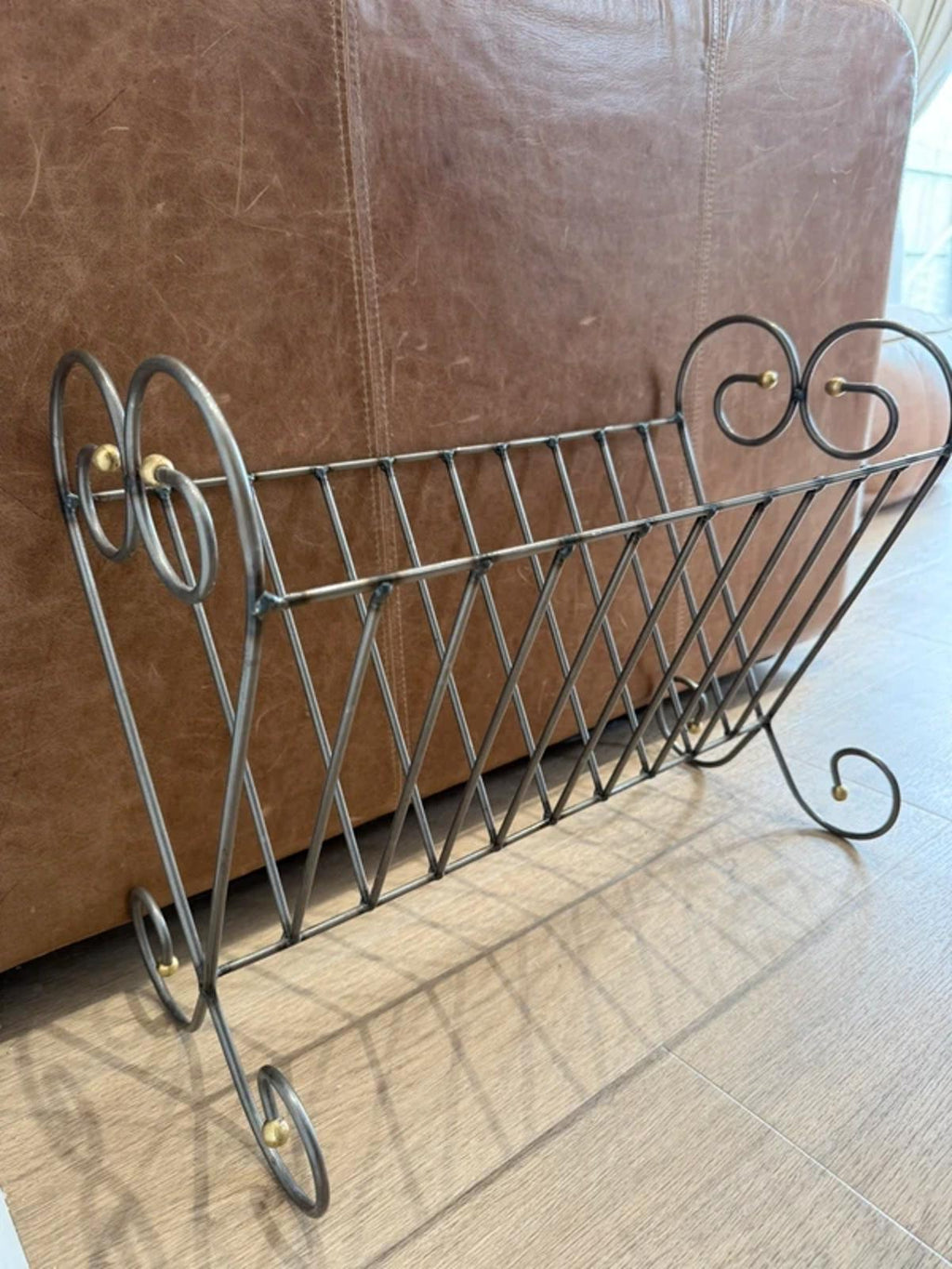 Vintage cast iron metal silver gold large magazine rack one of a kind country home decor