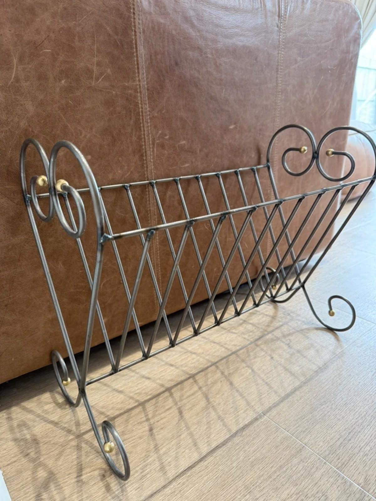 Vintage cast iron metal silver gold large magazine rack one of a kind country home decor