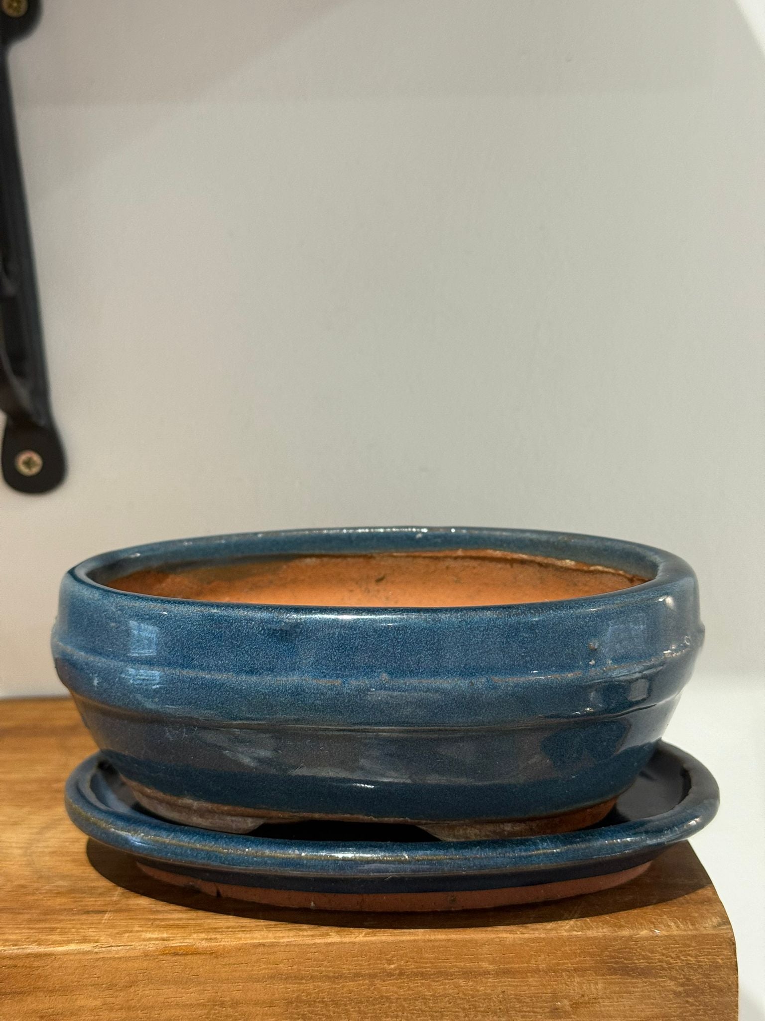 Vintage Blue Glazed Ceramic Plant Pot with Matching Drip Tray Handmade