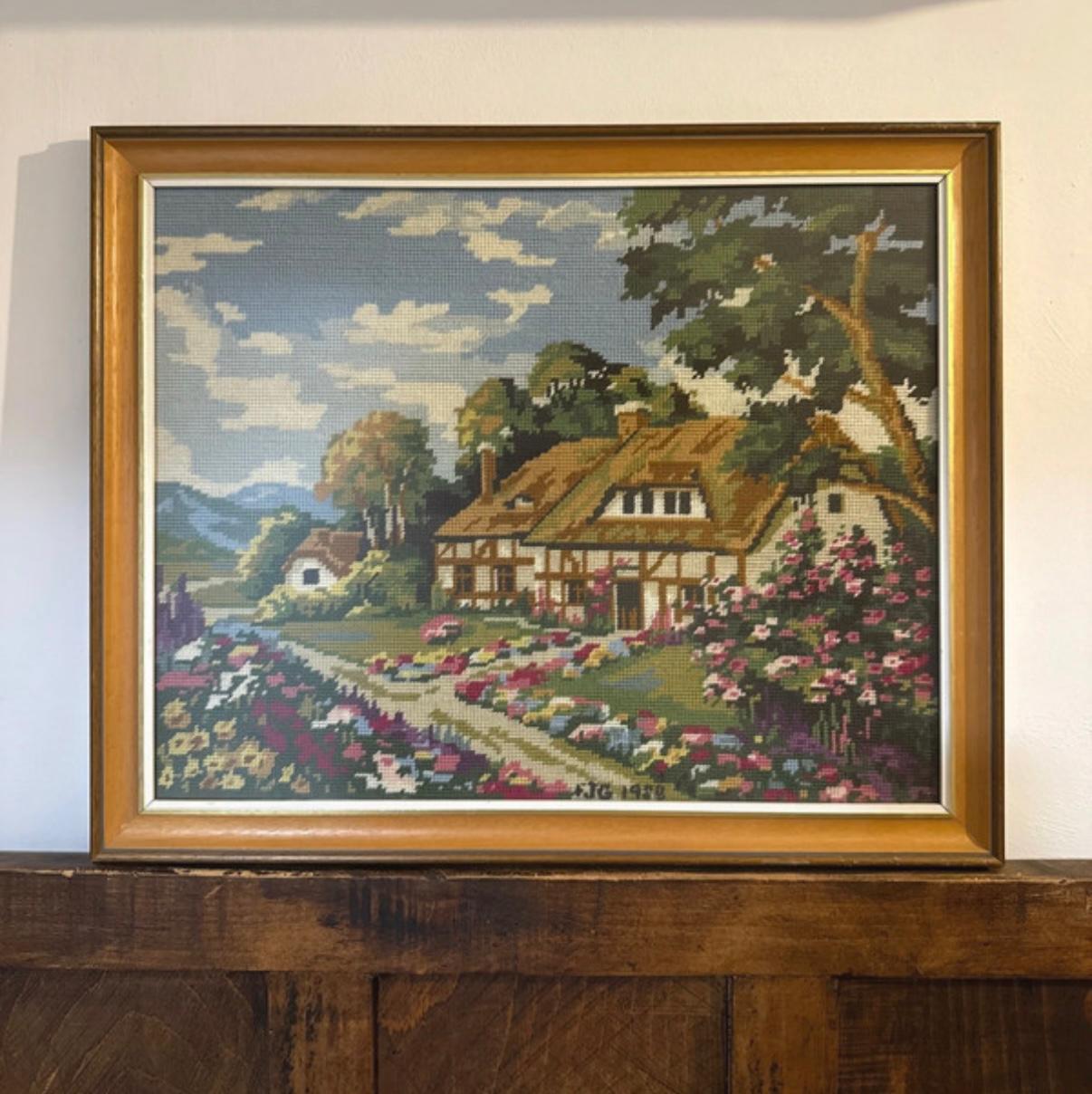 Framed Vintage Needlepoint Cottage Scene