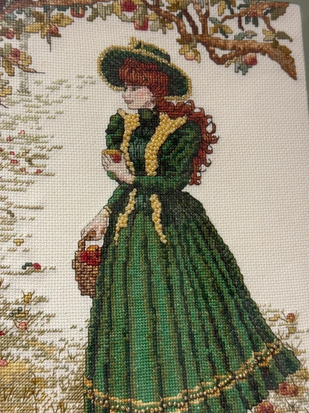 Vintage handstitched cross stitched beaded framed artwork wall hanging decor