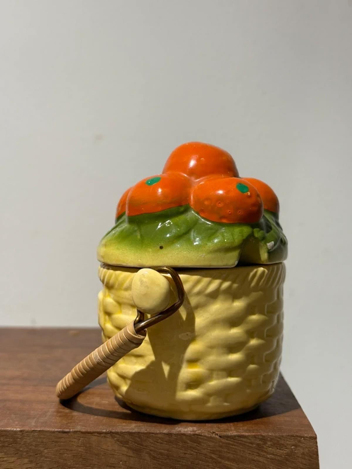 Vintage oranges kitchen decor, food storage jar, sugar bowl, jam jar one of a kind lided pot