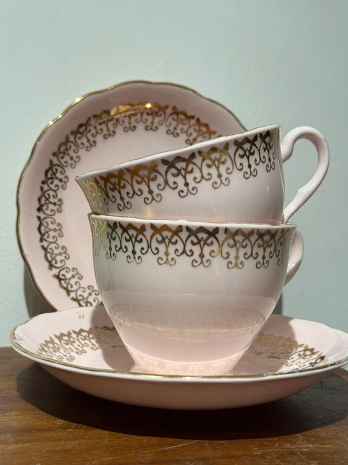 Vintage Rose pink set of two teacup and saucers with gold trim kitchen decor