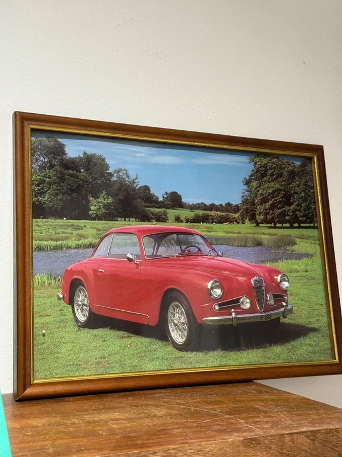 Vintage reclined framed artwork, red sports car country home decor