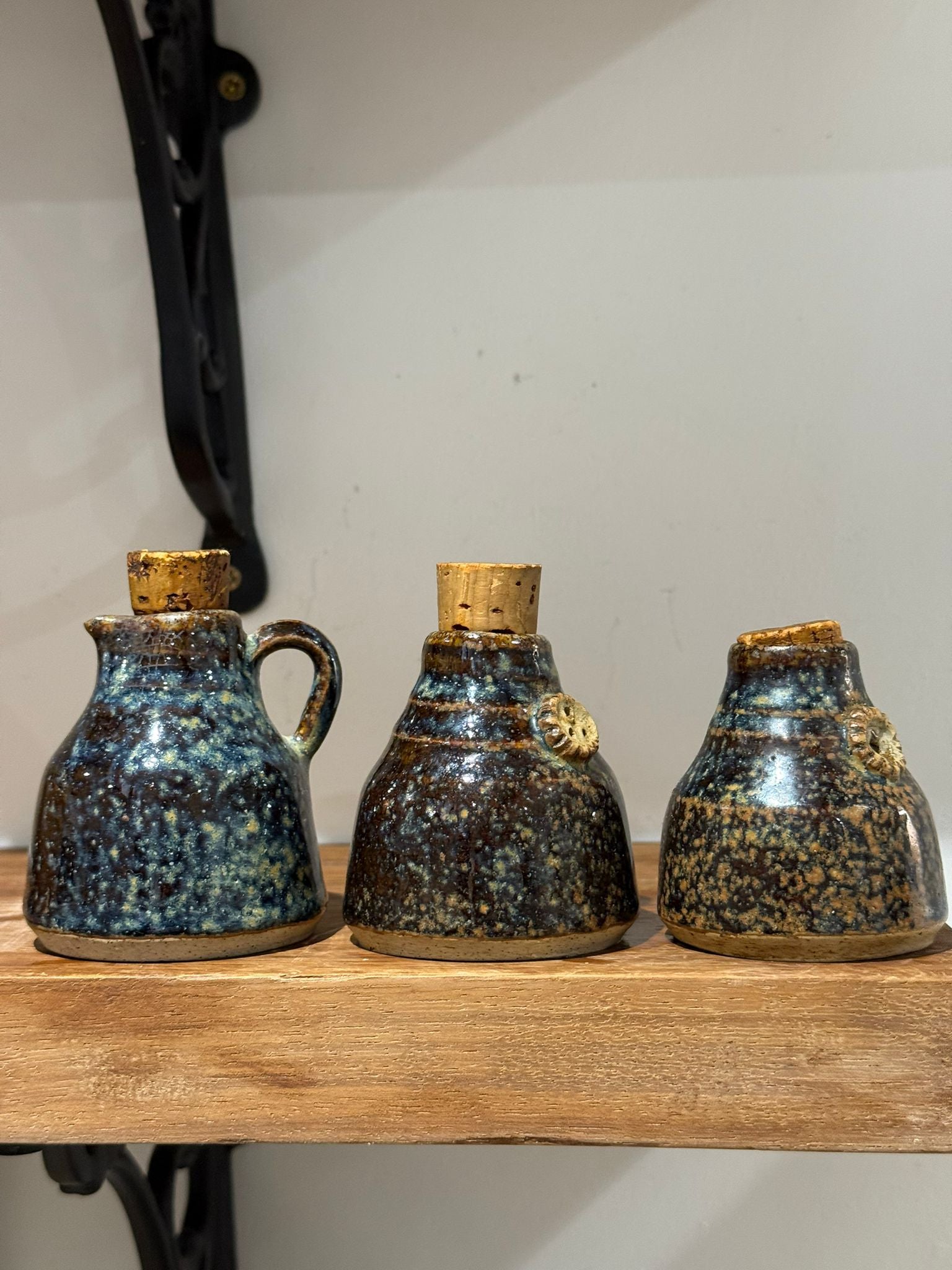 Set of Three Studio Pottery Stoneware Bottles with Cork Stoppers