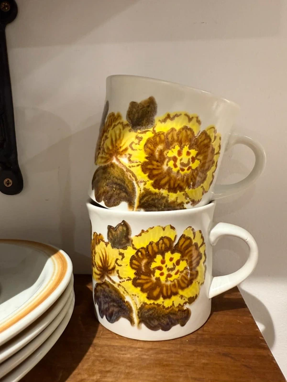 Vintage set of 3 royal doulton floral retro brown mustard tea cup mugs and saucers