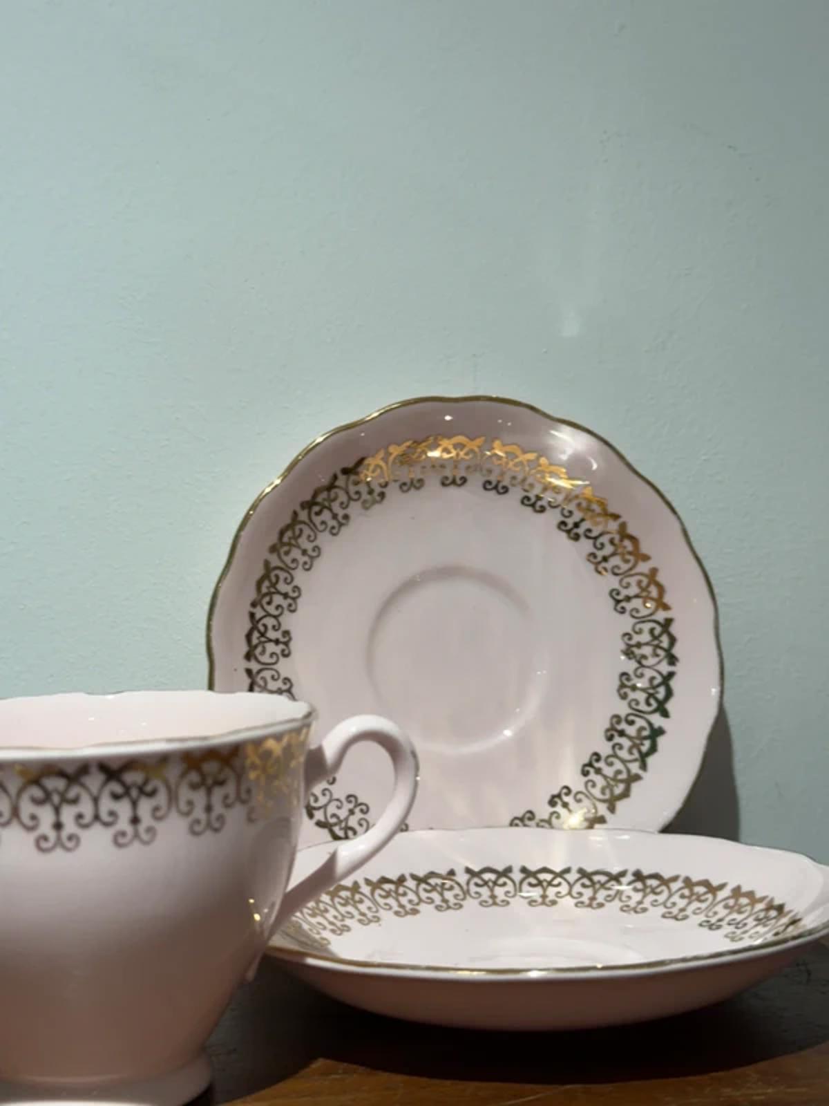 Vintage Rose pink set of two teacup and saucers with gold trim kitchen decor
