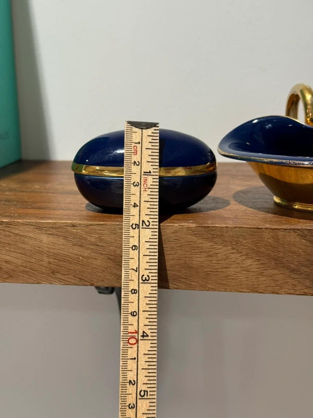 Oval Trinket Box A lidded jewelry ring box navy blue gold home decor