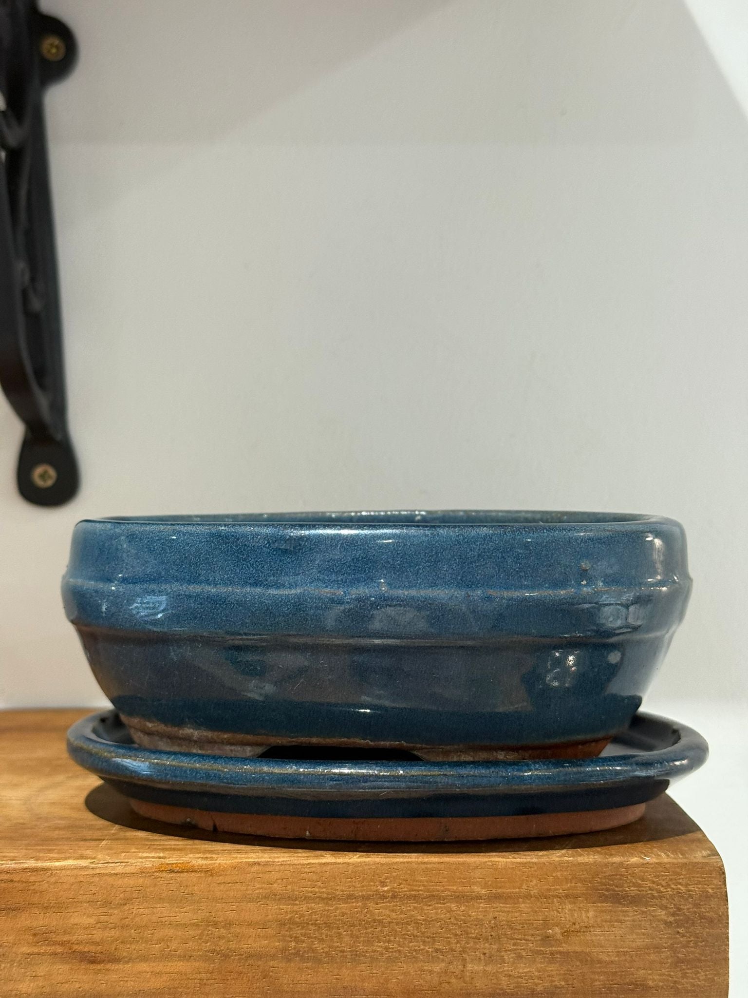 Vintage Blue Glazed Ceramic Plant Pot with Matching Drip Tray Handmade