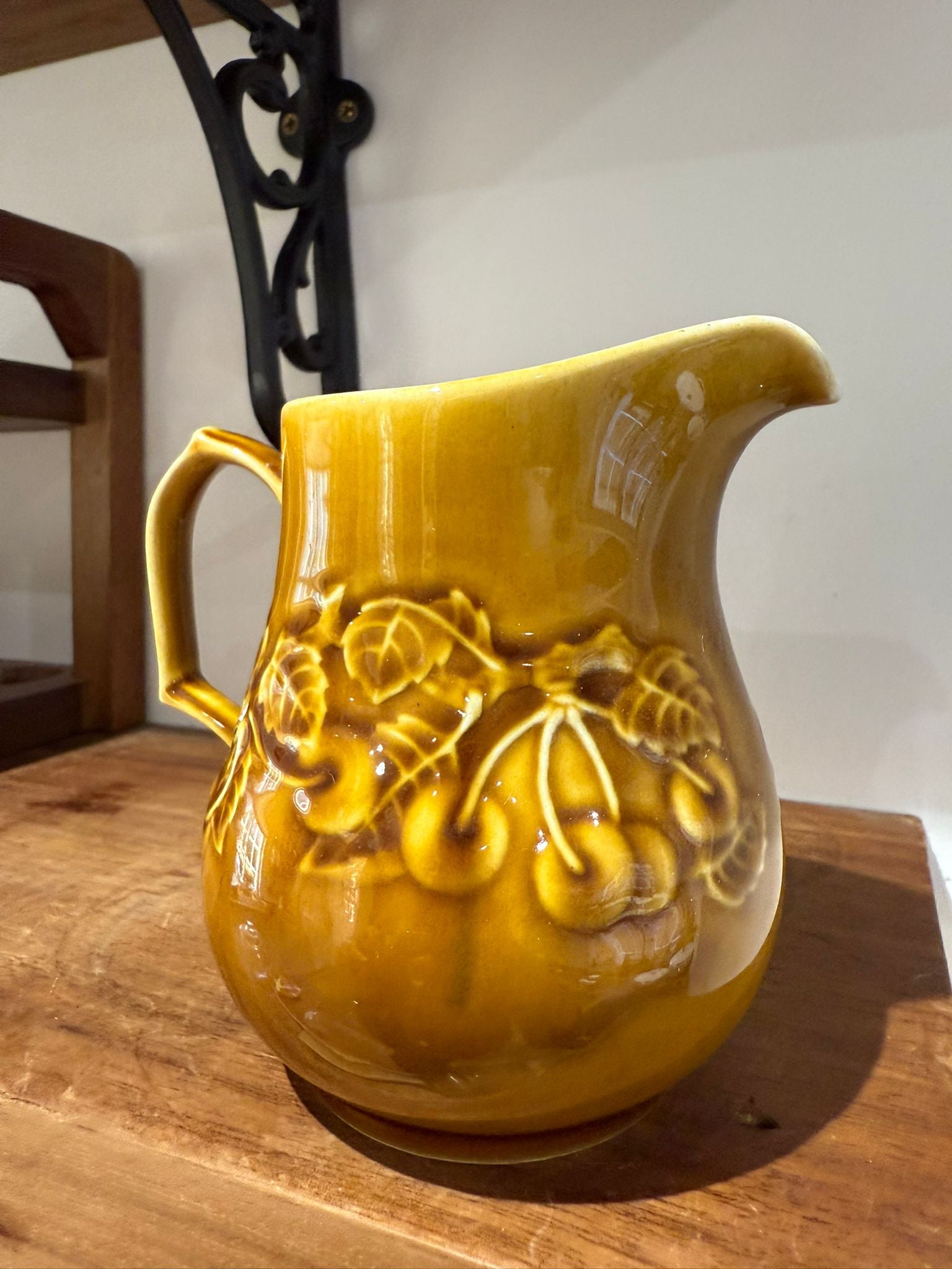 Mustard Glazed Ceramic Jug with Raised Floral Detail