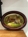Vintage Hand Painted Cottage Relief Wall Plaque in Oval Wood Frame