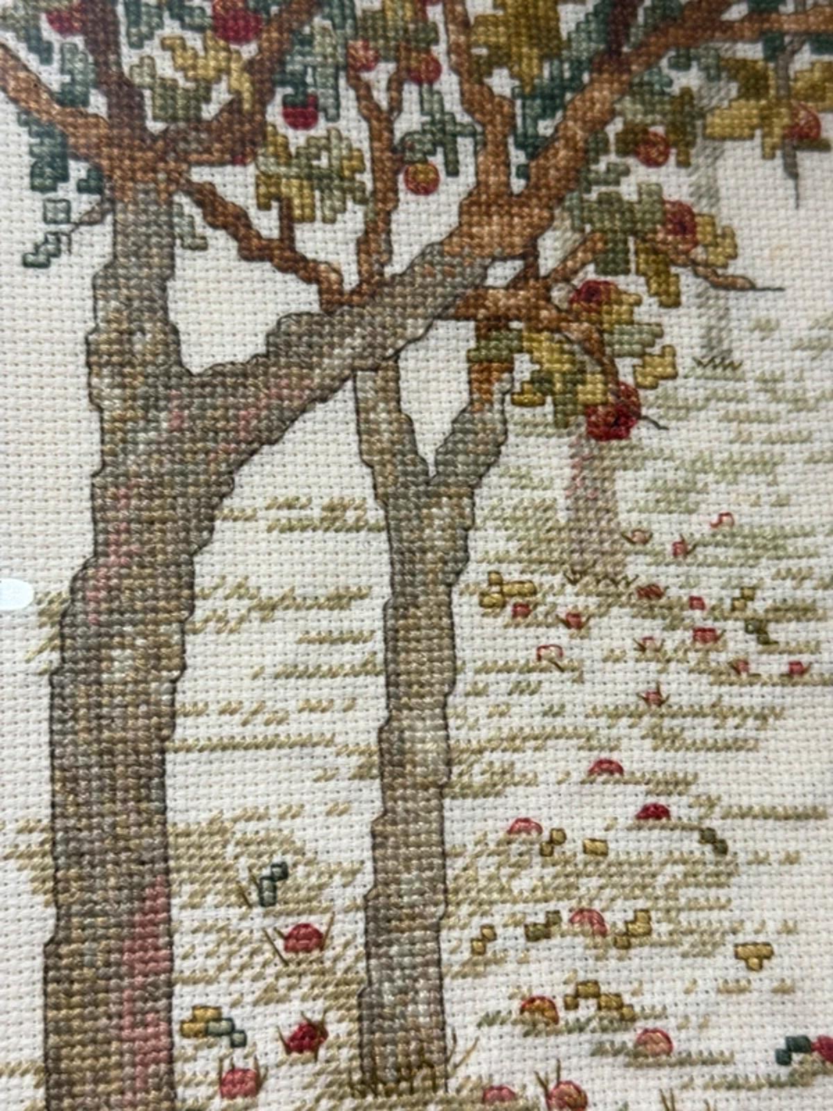 Vintage handstitched cross stitched beaded framed artwork wall hanging decor