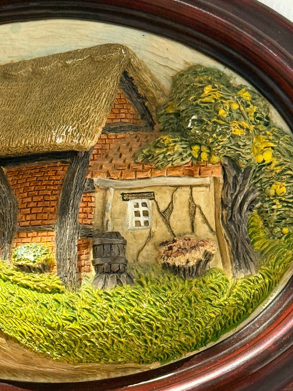 Vintage Hand Painted Cottage Relief Wall Plaque in Oval Wood Frame