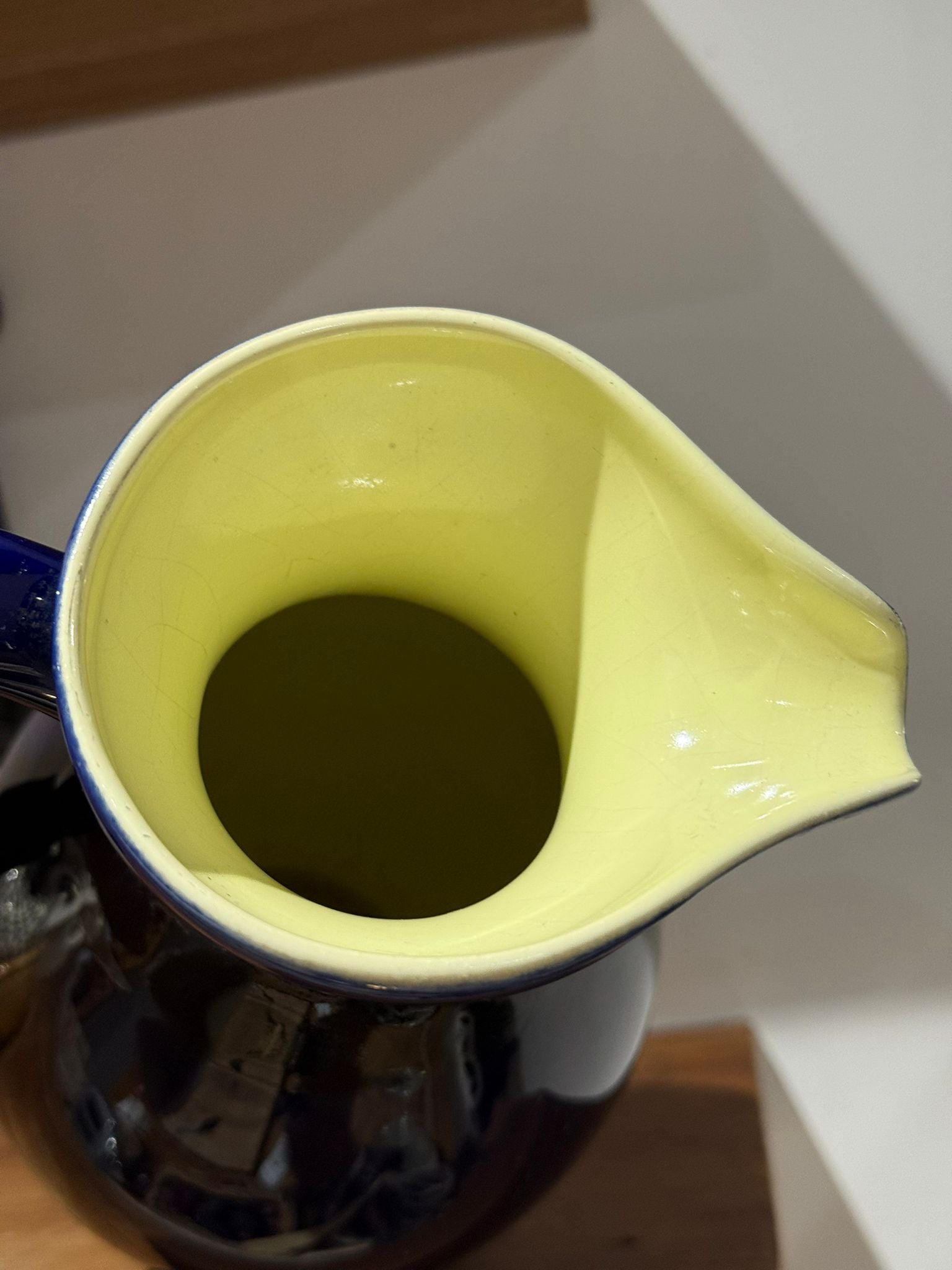 Vintage Cobalt Blue Ceramic Jug Vase with Yellow Interior