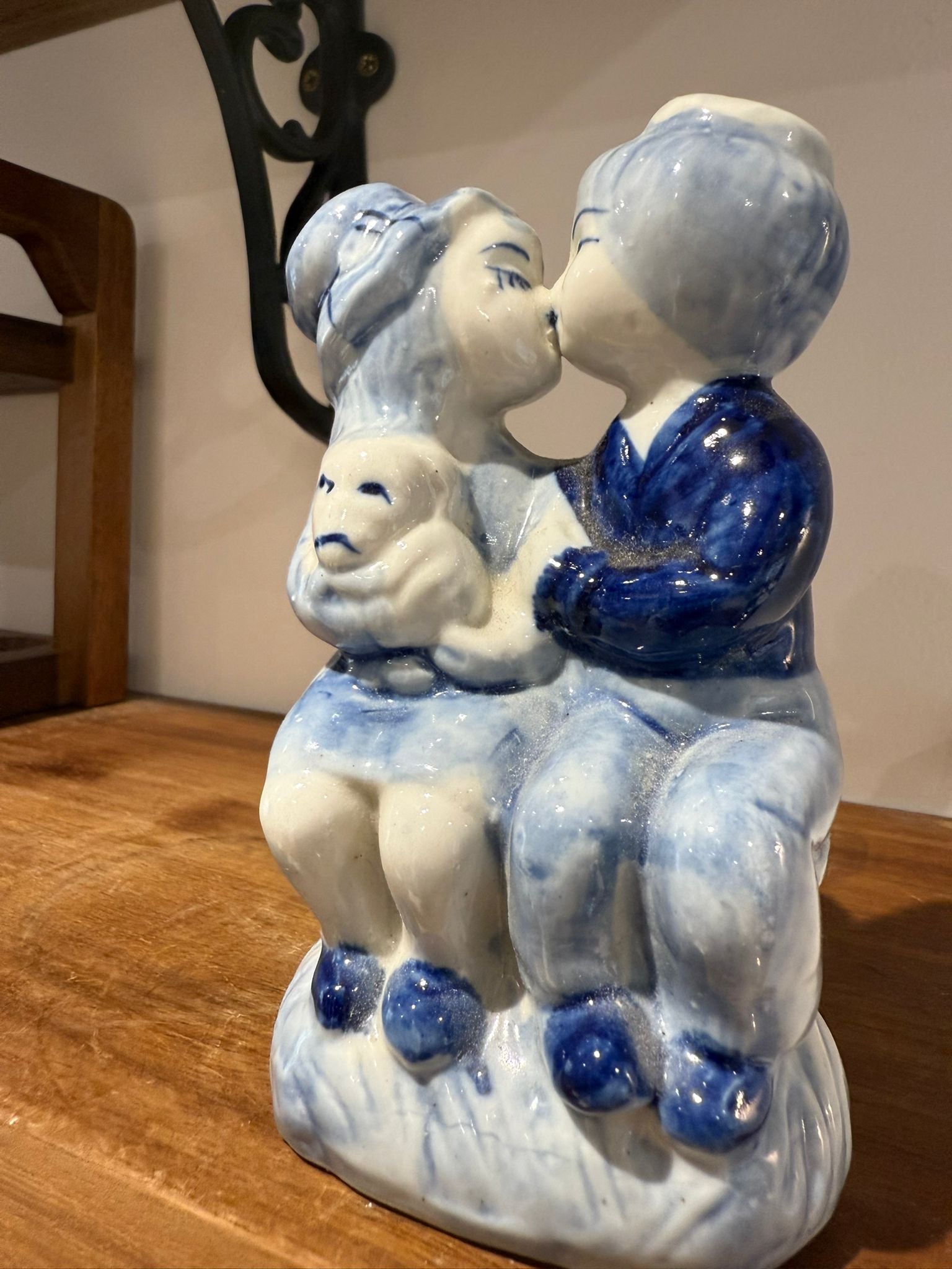 Vintage Blue & White Kissing Couple Ceramic Figurine
