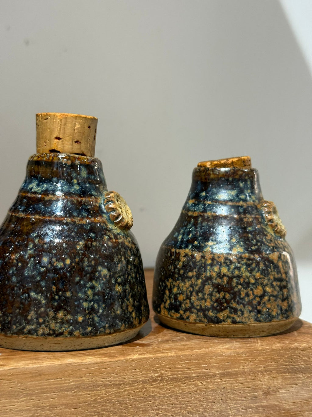 Set of Three Studio Pottery Stoneware Bottles with Cork Stoppers