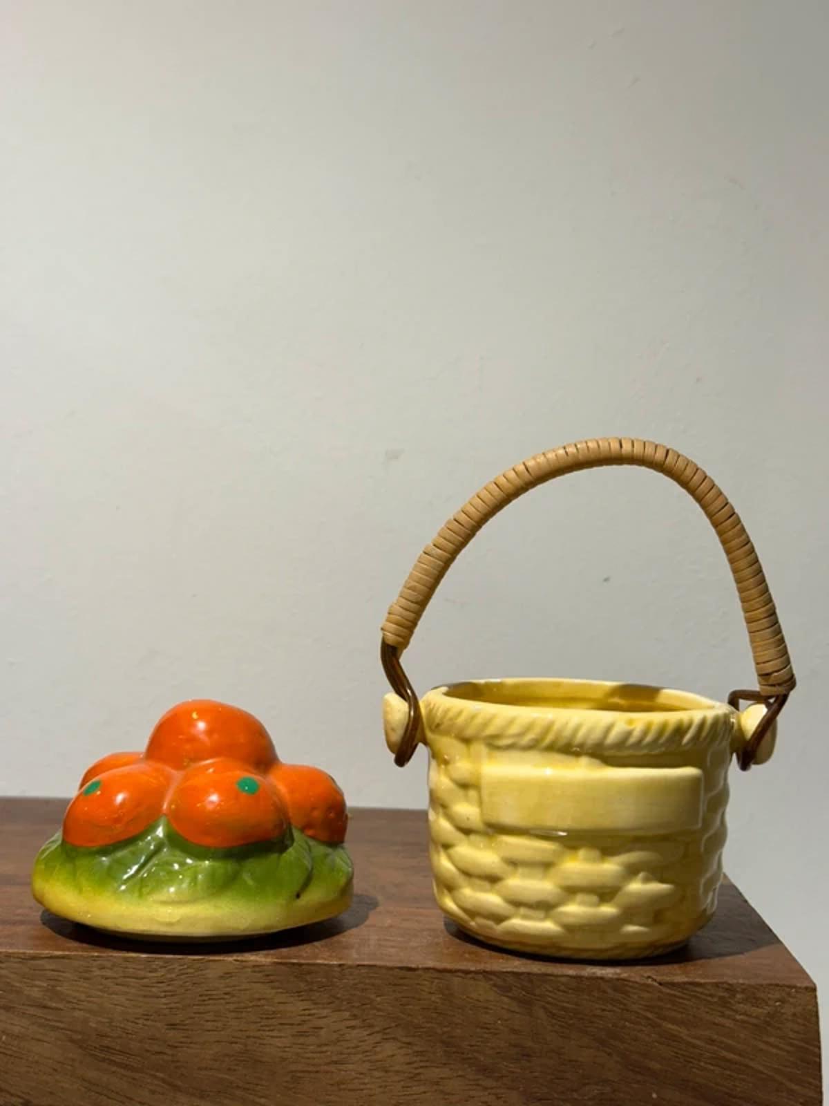 Vintage oranges kitchen decor, food storage jar, sugar bowl, jam jar one of a kind lided pot