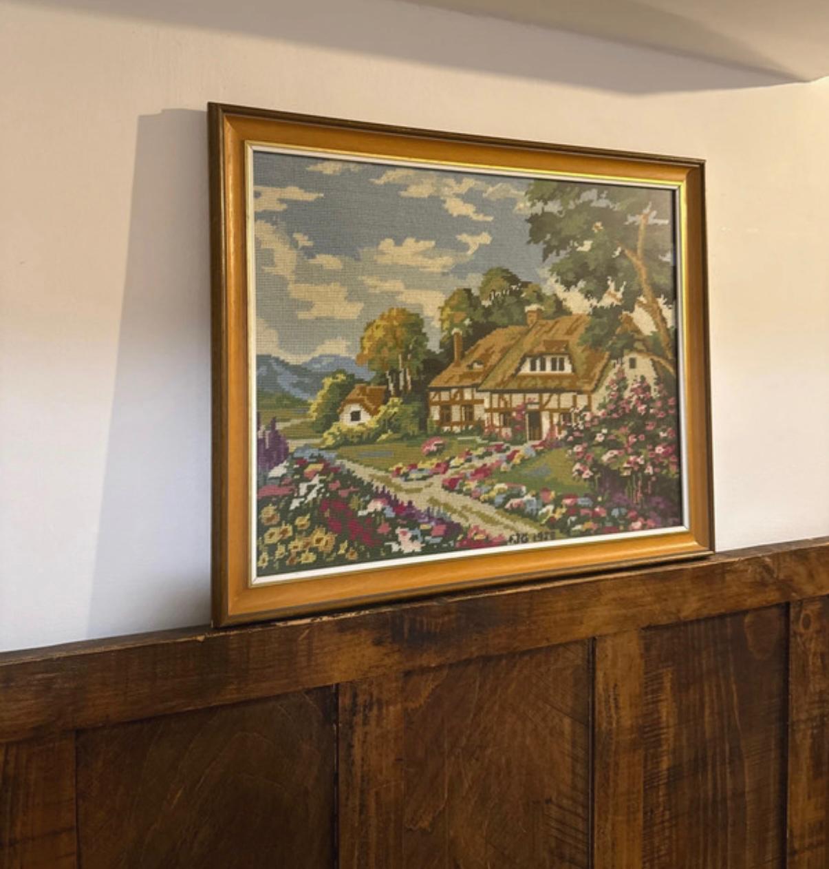 Framed Vintage Needlepoint Cottage Scene