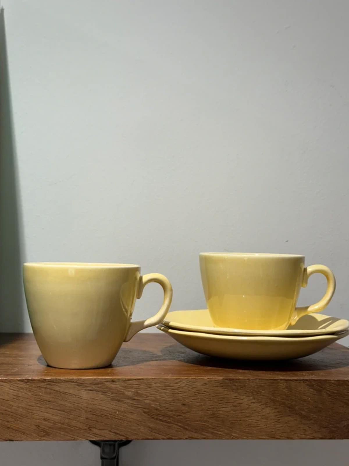 Vintage yellow set of 2 tea cups and saucers tea set kitchen home decor