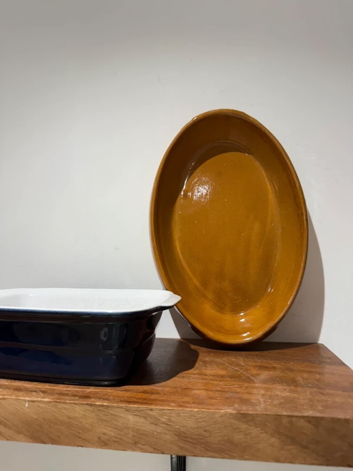 Vintage navy blue mustard kitchen decor oven dishes lasagne pie, baking baking trays, one of a kind