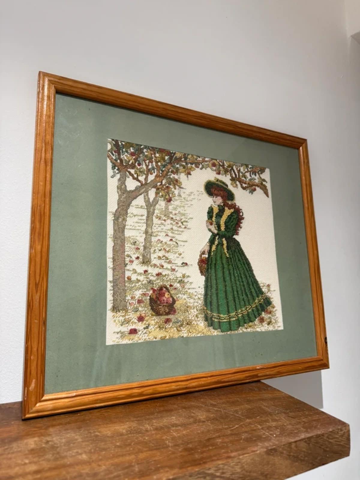 Vintage handstitched cross stitched beaded framed artwork wall hanging decor