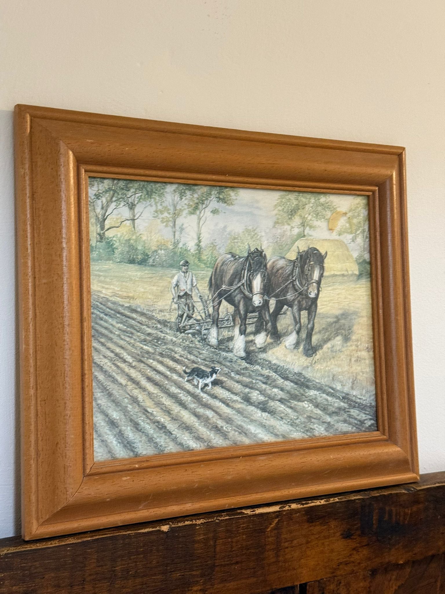 Vintage Framed Farming Horses Field Ploughing Countryside Print