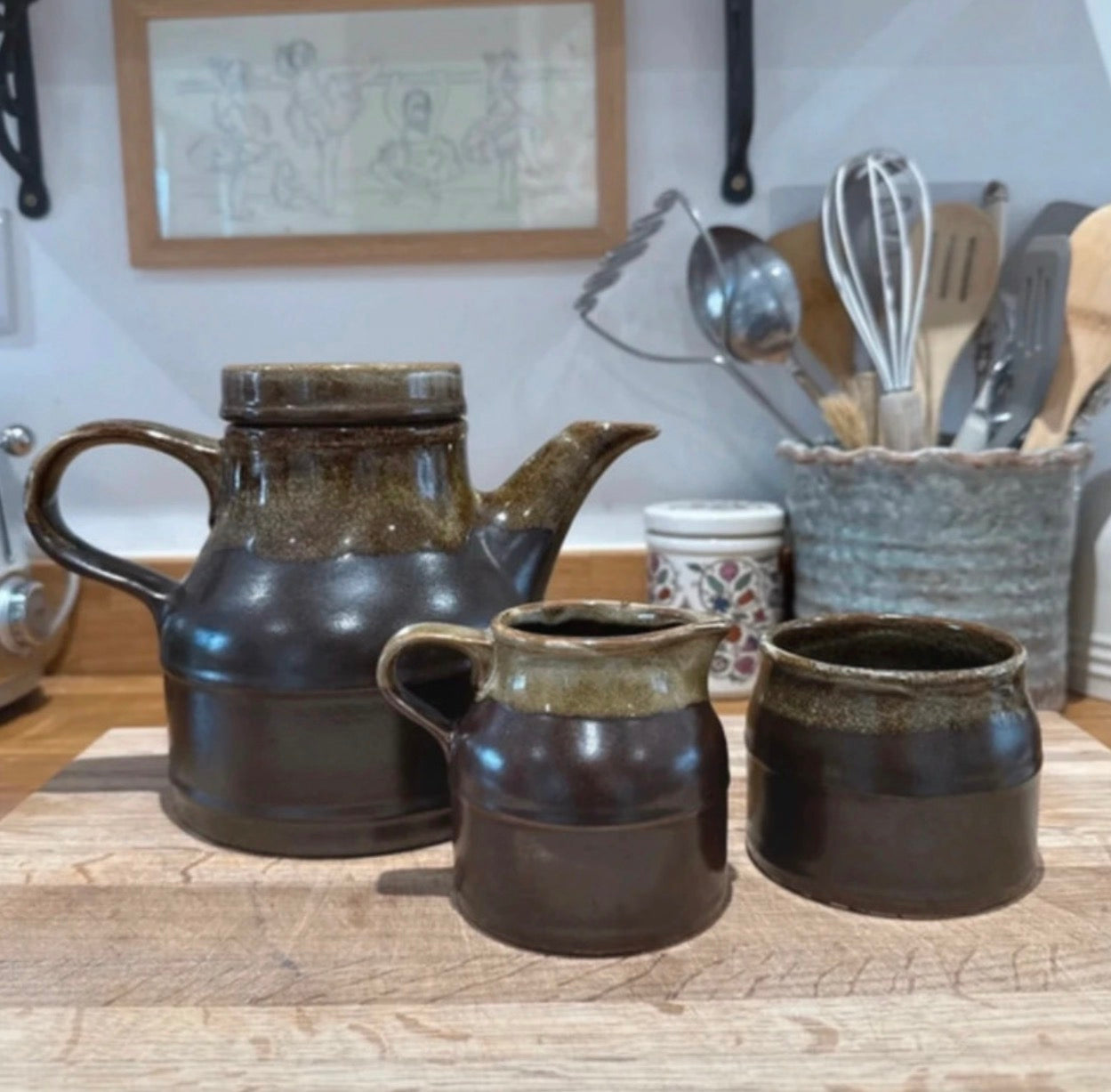 Vintage Green Pottery Tea Pot / Jug / Bowl Set