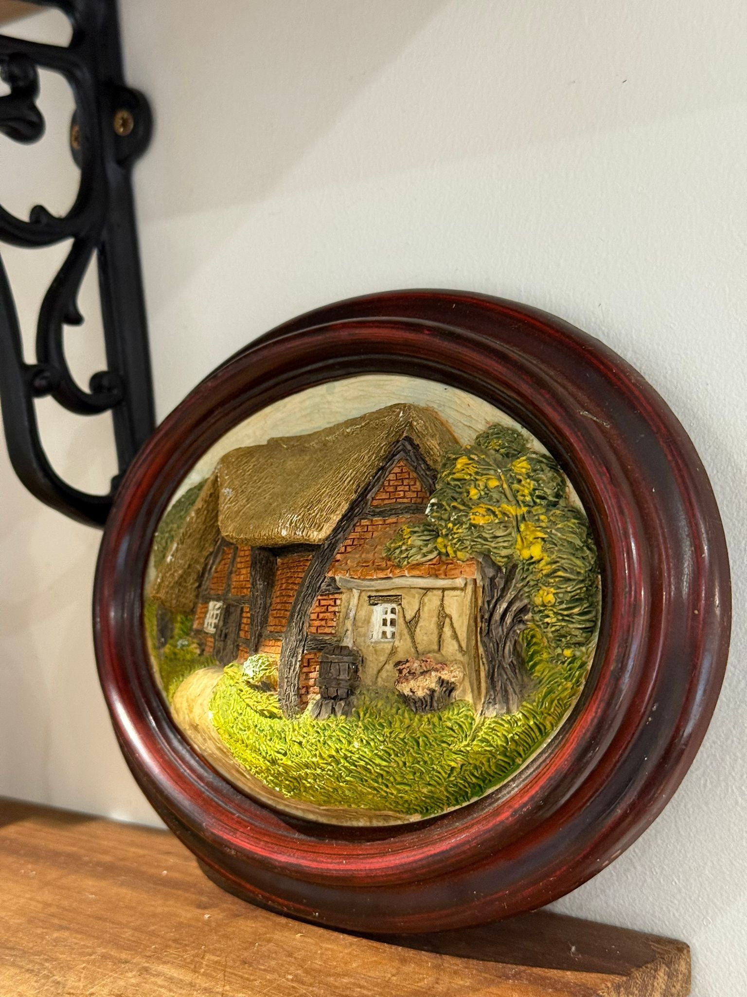 Vintage Hand Painted Cottage Relief Wall Plaque in Oval Wood Frame