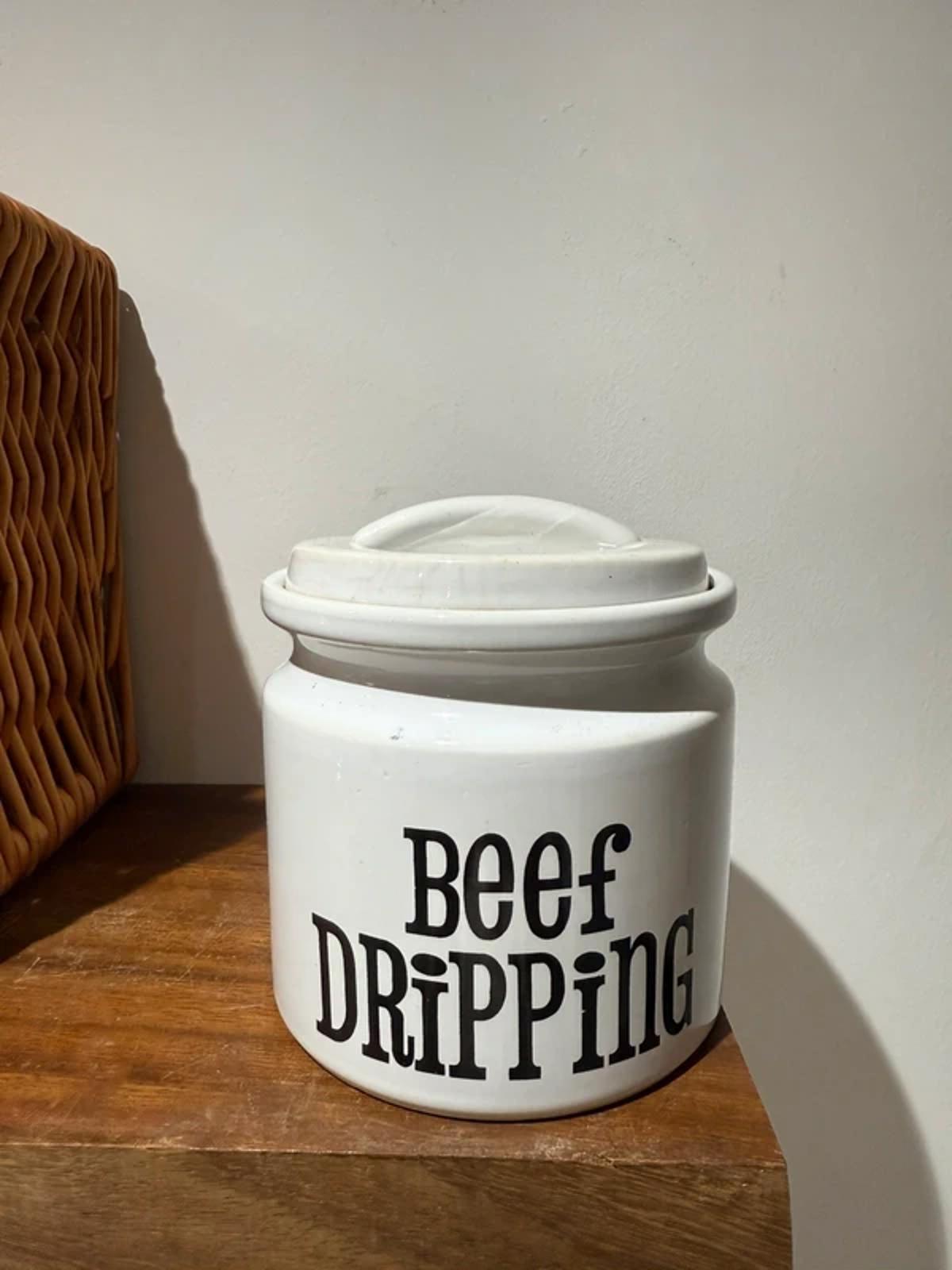 Vintage decor, food storage jar, beef dripping one of kind lidded jar white