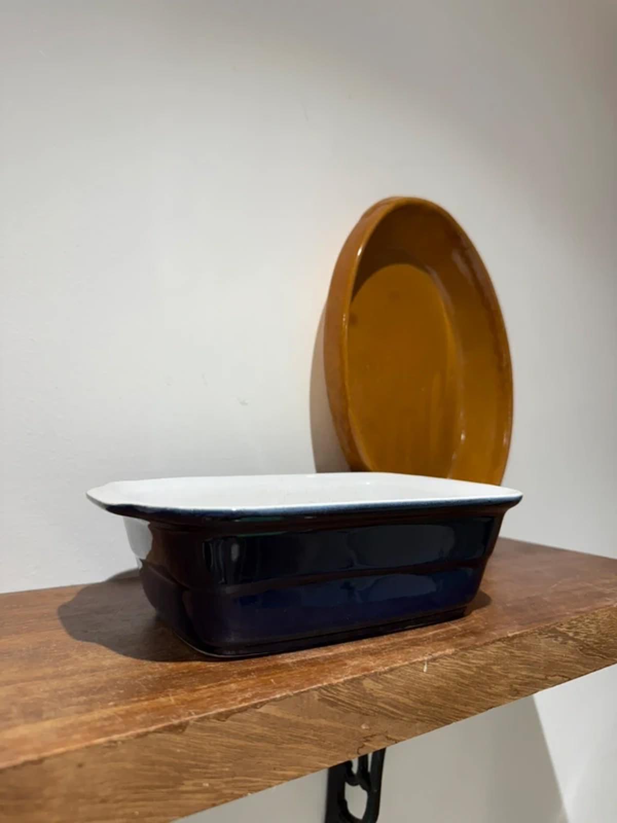 Vintage navy blue mustard kitchen decor oven dishes lasagne pie, baking baking trays, one of a kind