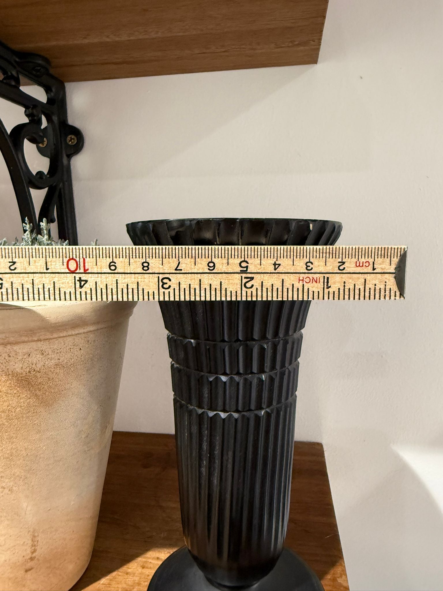 Black Ribbed Glass Vase with Pedestal Base – Art Deco Style