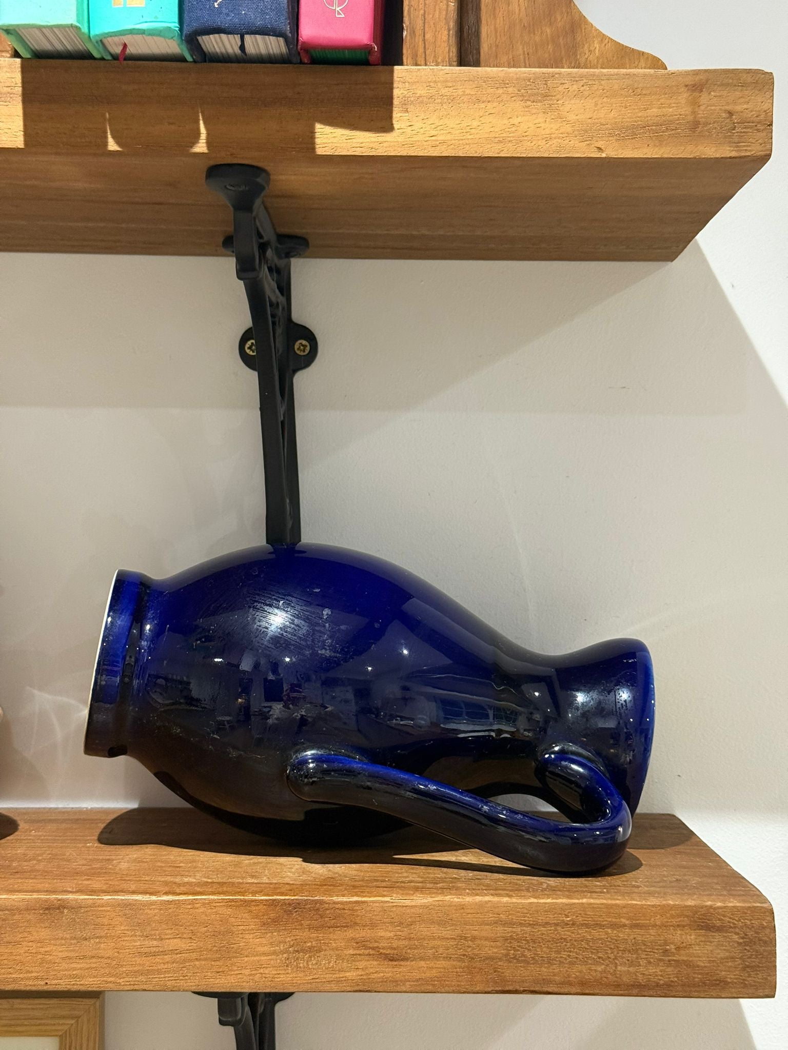 Vintage Cobalt Blue Ceramic Jug Vase with Yellow Interior