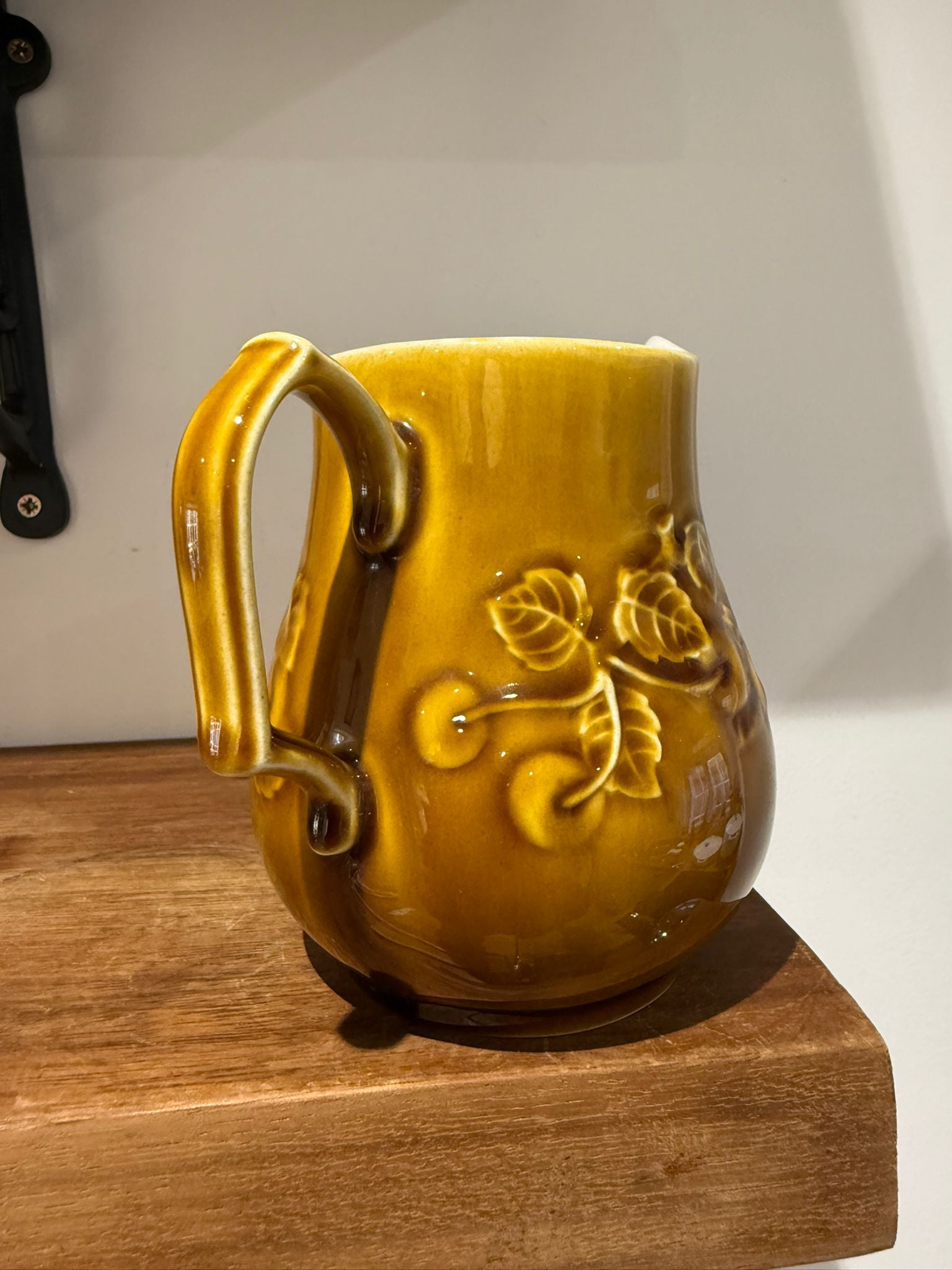 Mustard Glazed Ceramic Jug with Raised Floral Detail