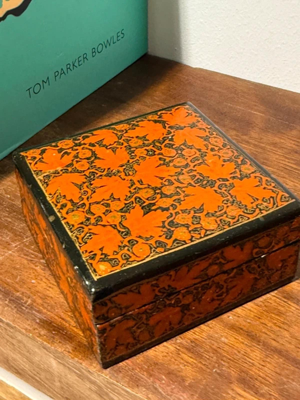 Vintage trinket basket orange black leaf print dressing table home decor