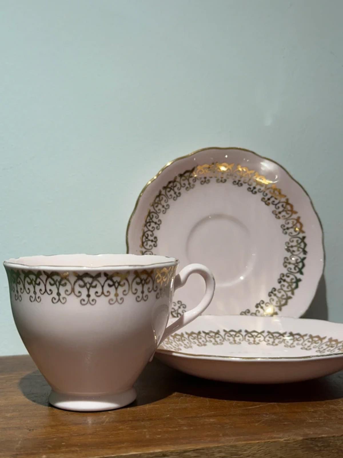 Vintage Rose pink set of two teacup and saucers with gold trim kitchen decor
