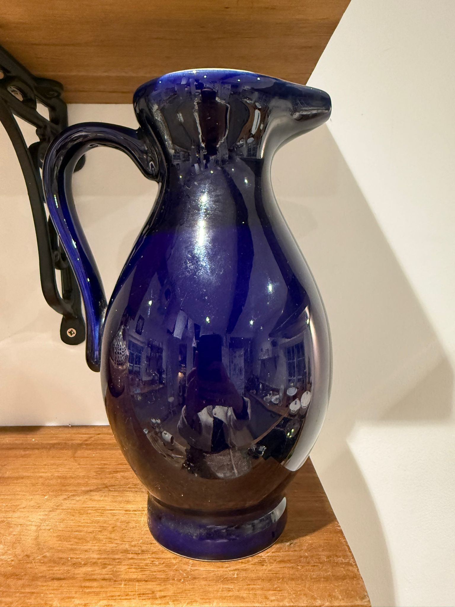Vintage Cobalt Blue Ceramic Jug Vase with Yellow Interior