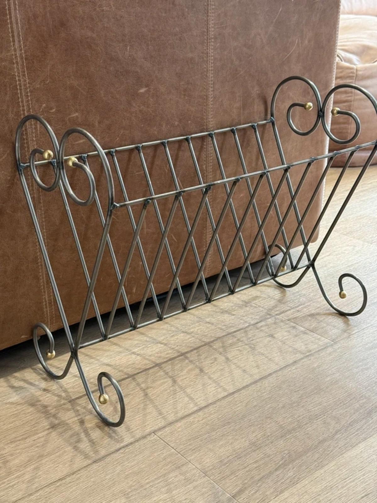Vintage cast iron metal silver gold large magazine rack one of a kind country home decor