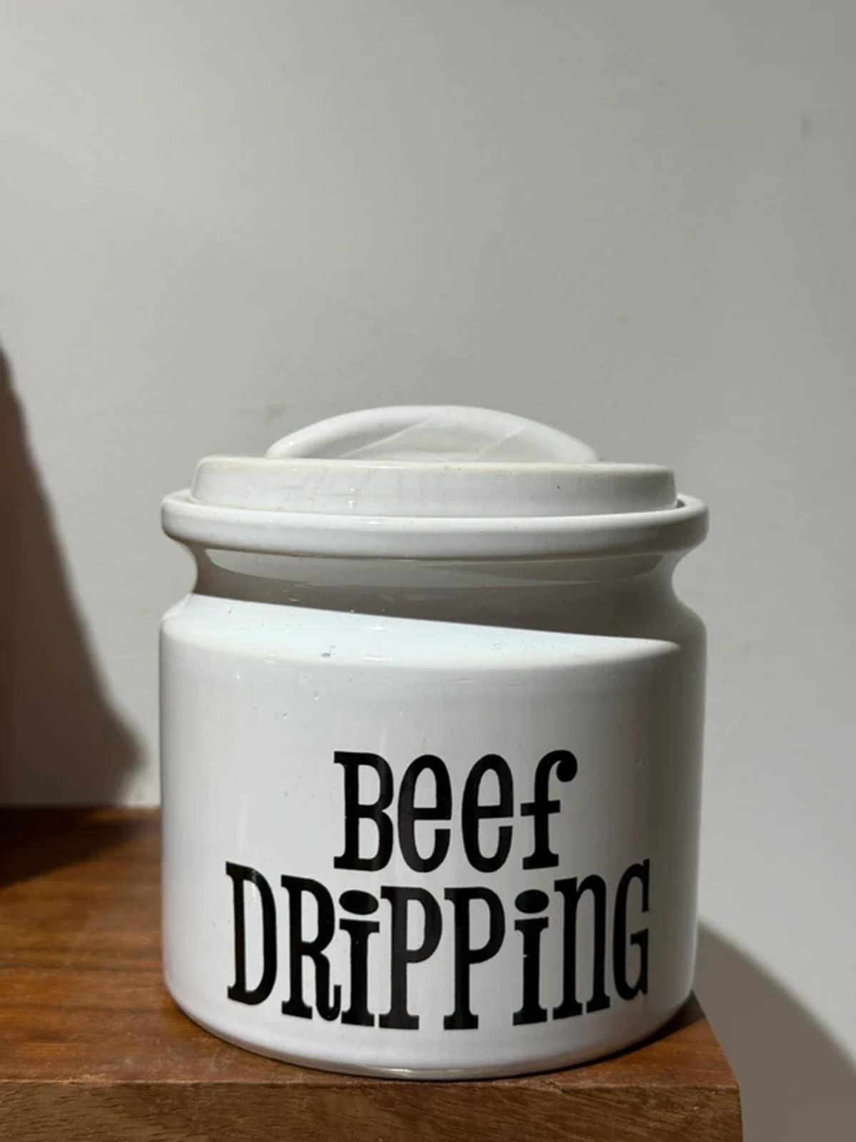 Vintage decor, food storage jar, beef dripping one of kind lidded jar white