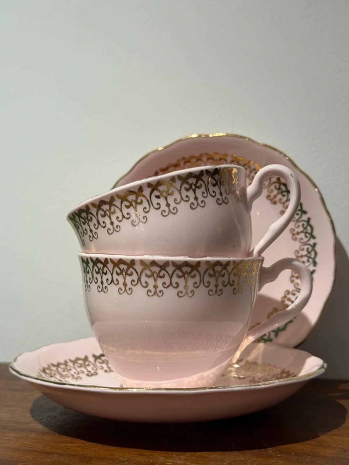 Vintage Rose pink set of two teacup and saucers with gold trim kitchen decor