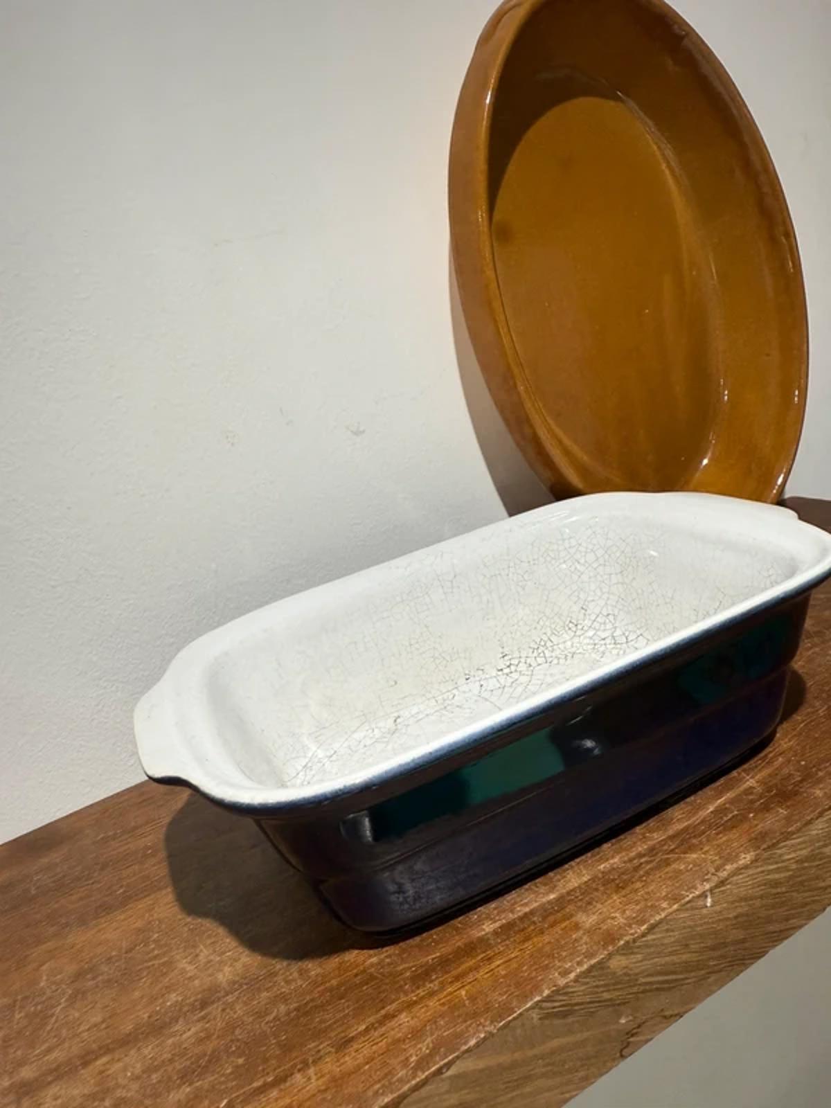 Vintage navy blue mustard kitchen decor oven dishes lasagne pie, baking baking trays, one of a kind