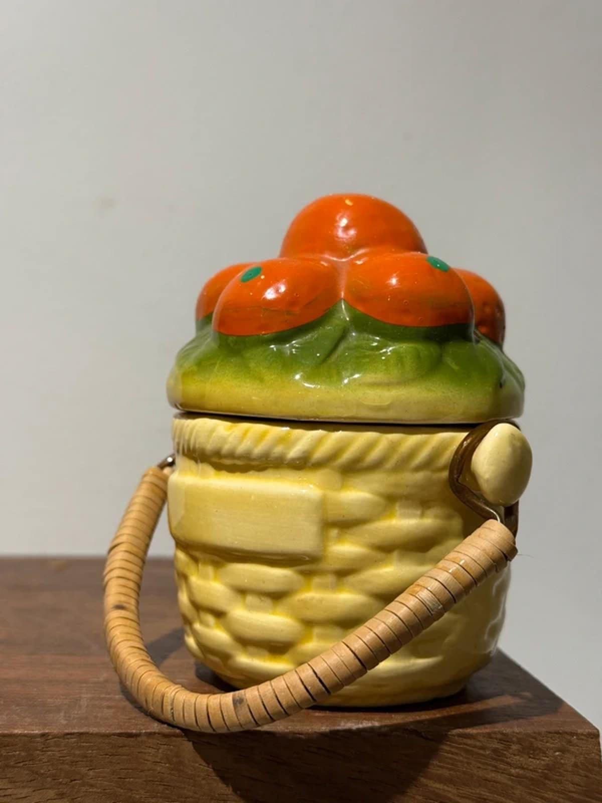 Vintage oranges kitchen decor, food storage jar, sugar bowl, jam jar one of a kind lided pot