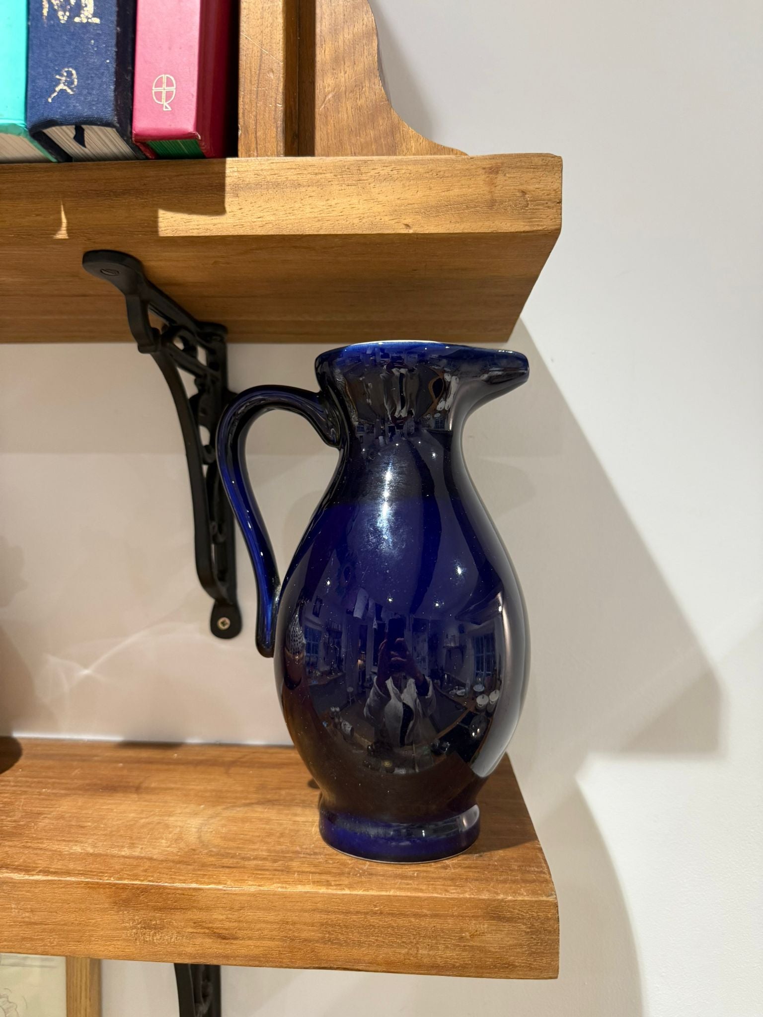 Vintage Cobalt Blue Ceramic Jug Vase with Yellow Interior