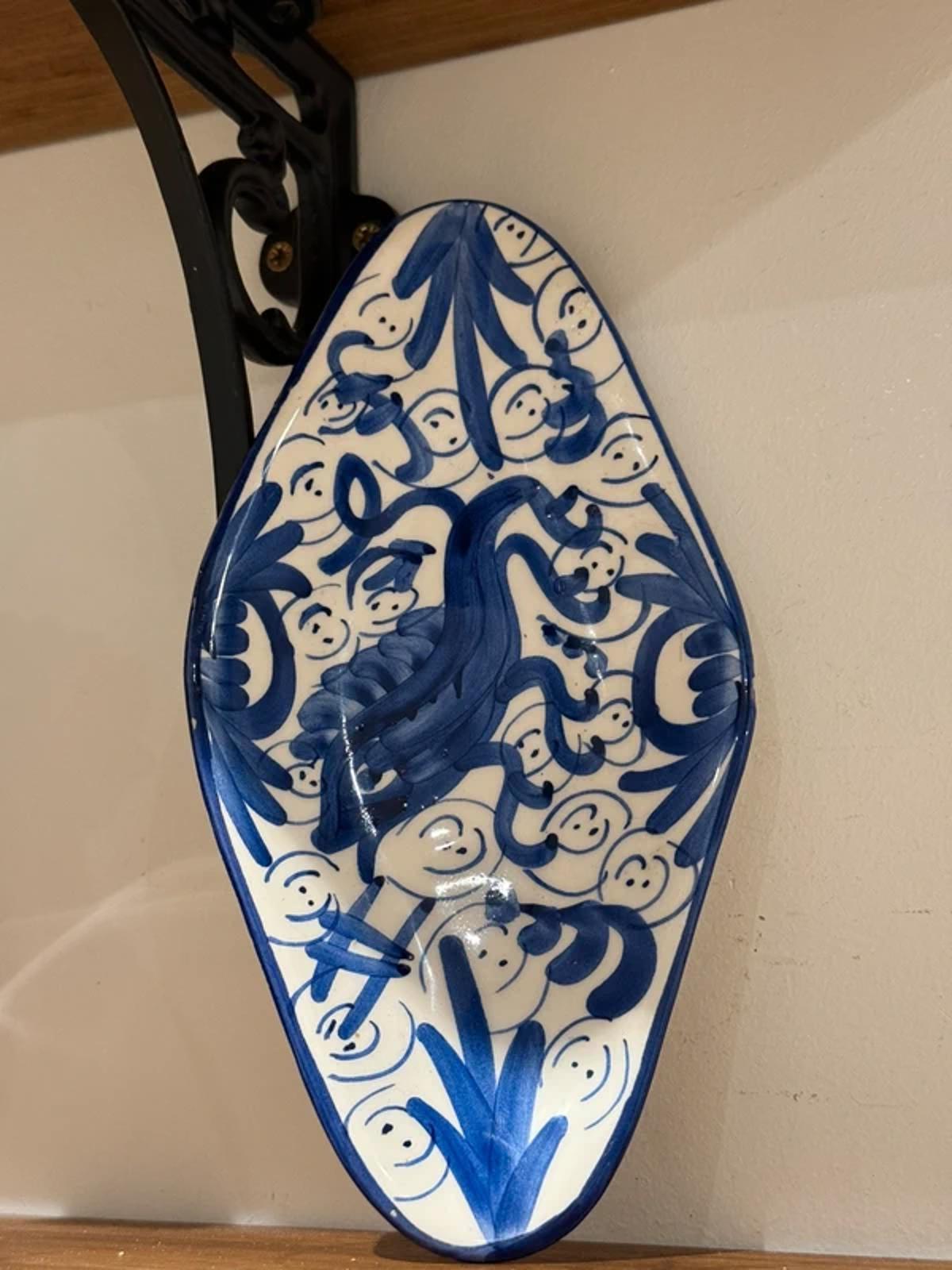 Vintage side plate spoon rest kitchen home decor blue white hand painted