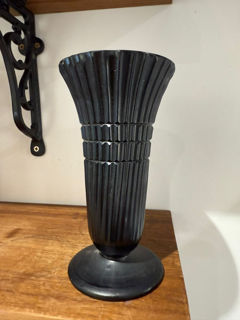 Black Ribbed Glass Vase with Pedestal Base – Art Deco Style