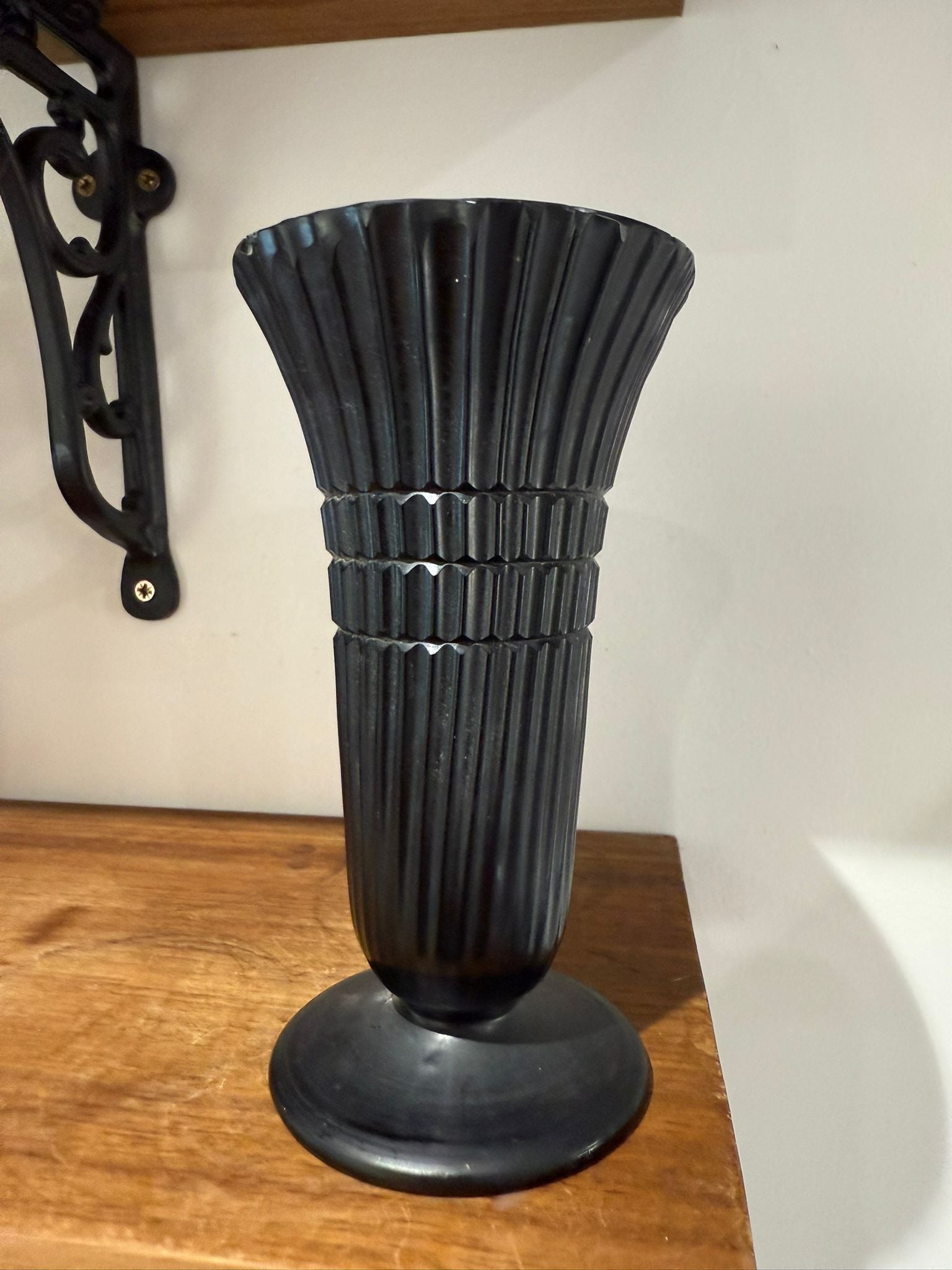 Black Ribbed Glass Vase with Pedestal Base – Art Deco Style