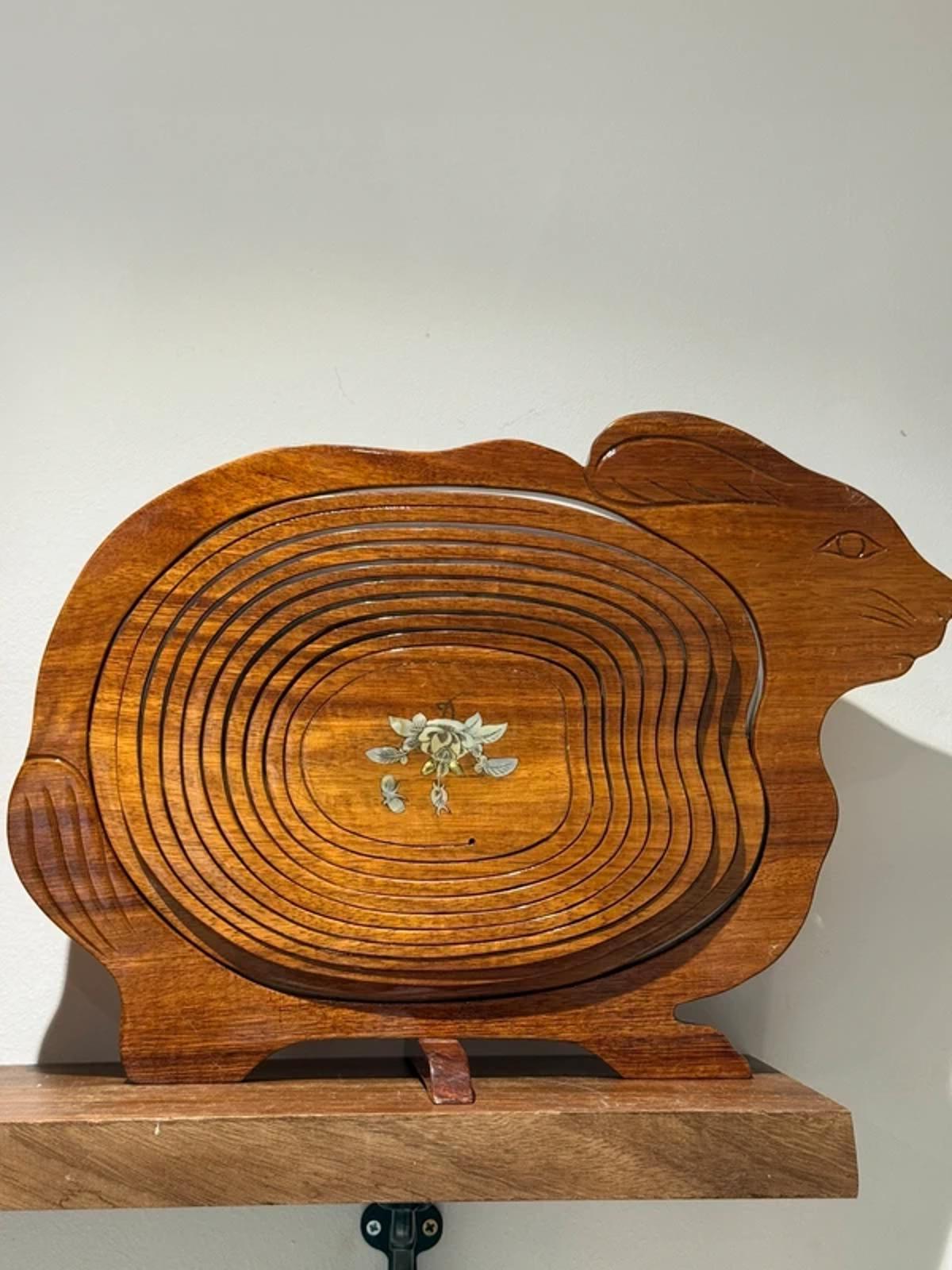 vintage hand-carved wooden collapsible basket shaped rabbit  hare.