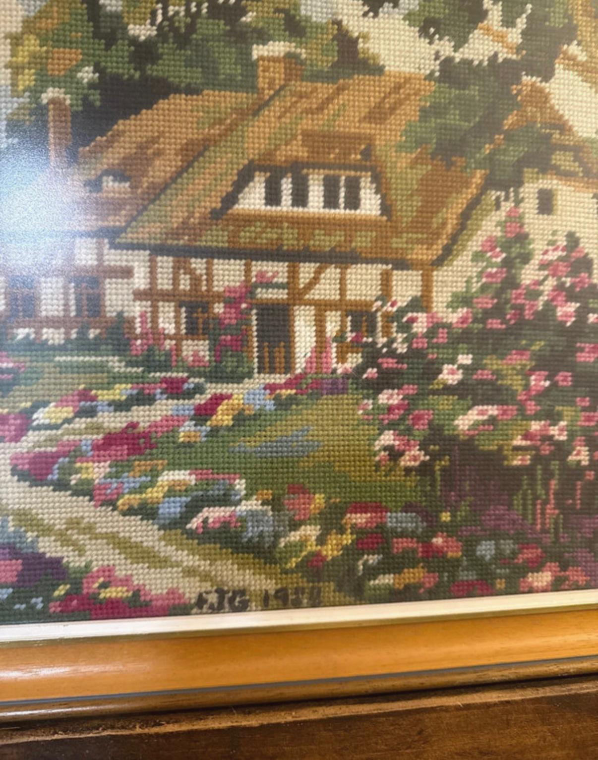 Framed Vintage Needlepoint Cottage Scene