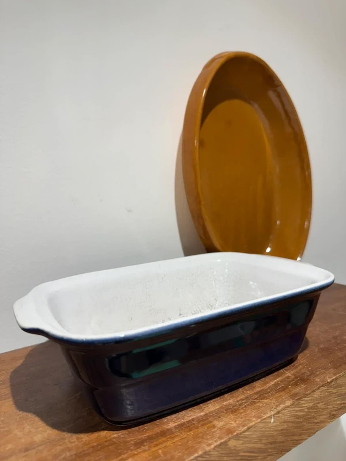 Vintage navy blue mustard kitchen decor oven dishes lasagne pie, baking baking trays, one of a kind