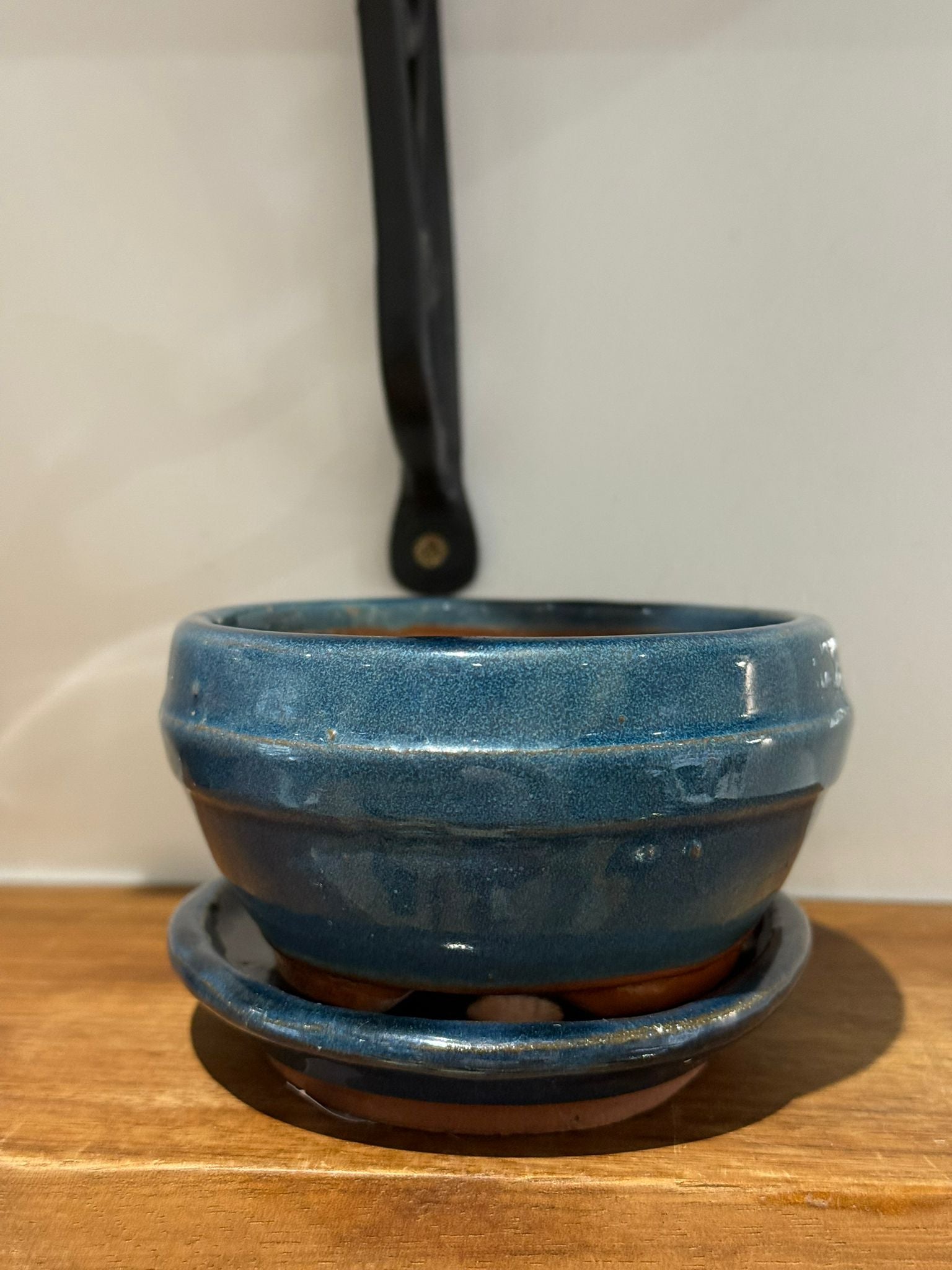 Vintage Blue Glazed Ceramic Plant Pot with Matching Drip Tray Handmade