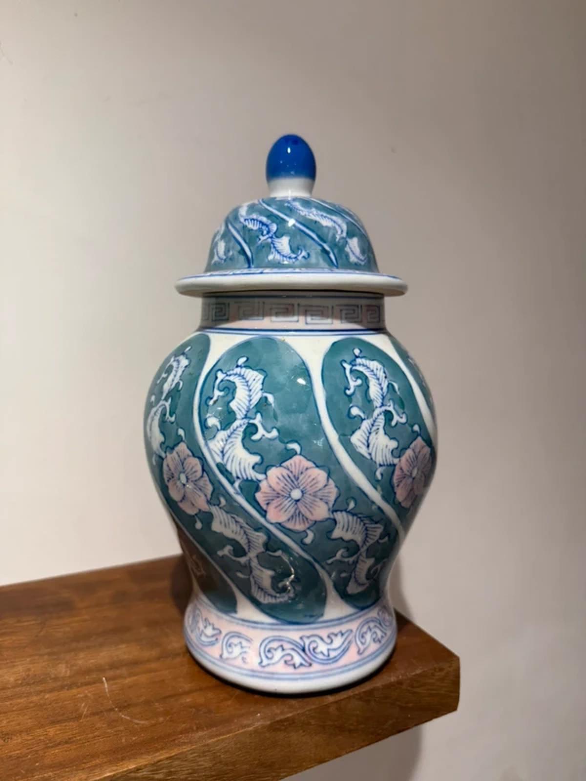 vintage Chinese porcelain ginger jar hand-painted floral motifs in blue, green, and pink colors